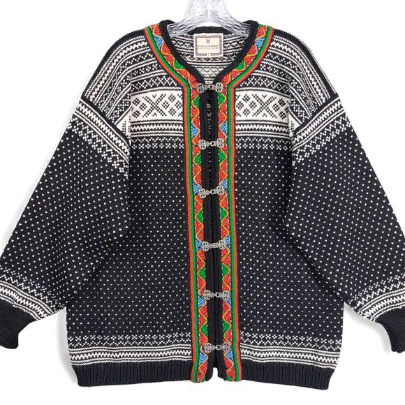 Dale of Norway Wool Cardigan Sz L Nordic Fair Isle Sweater Traditional Clasps - Picture 1 of 9